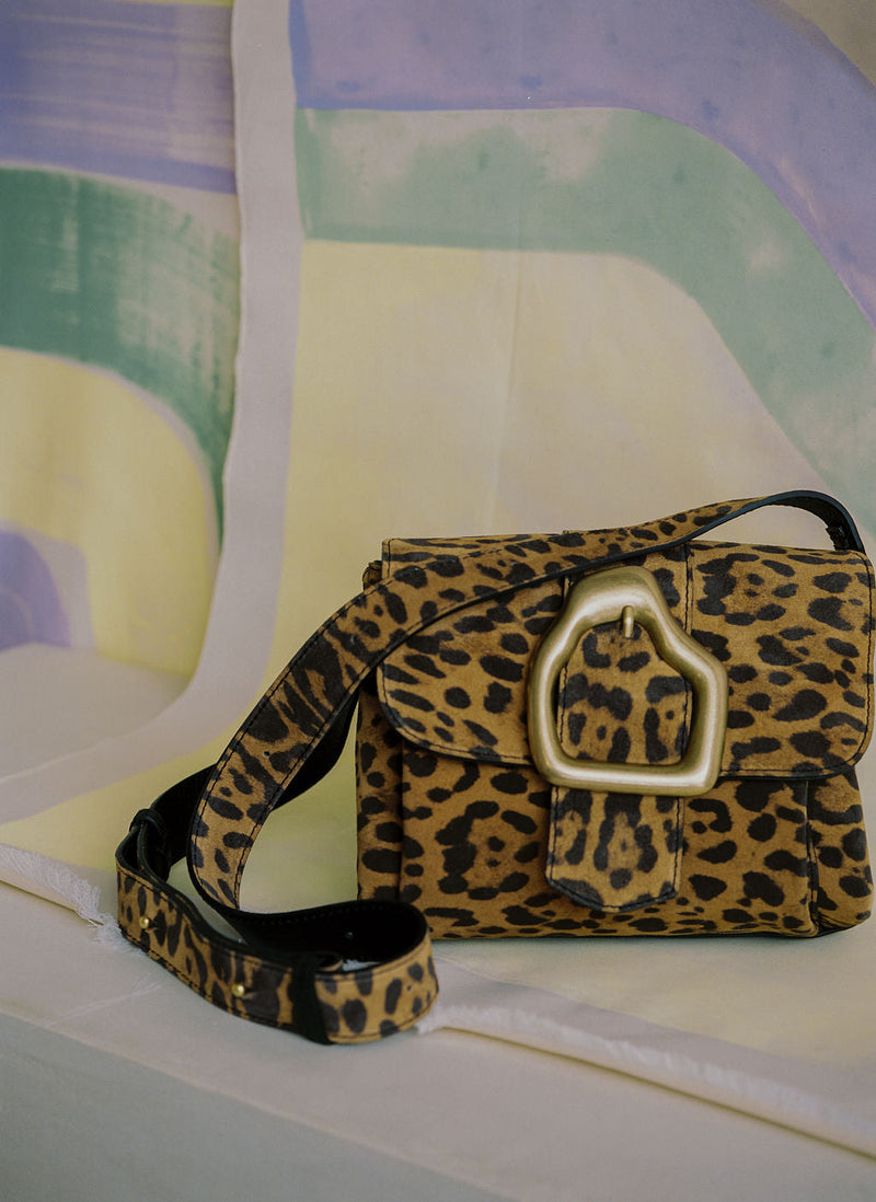 Cala Jade Leopard suede shoulder bag with gold buckle