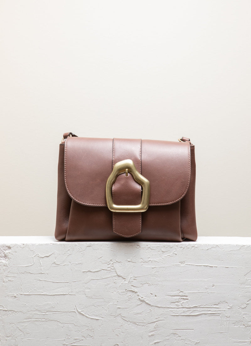 Cala Jade Brown leather shoulder bag with gold buckle