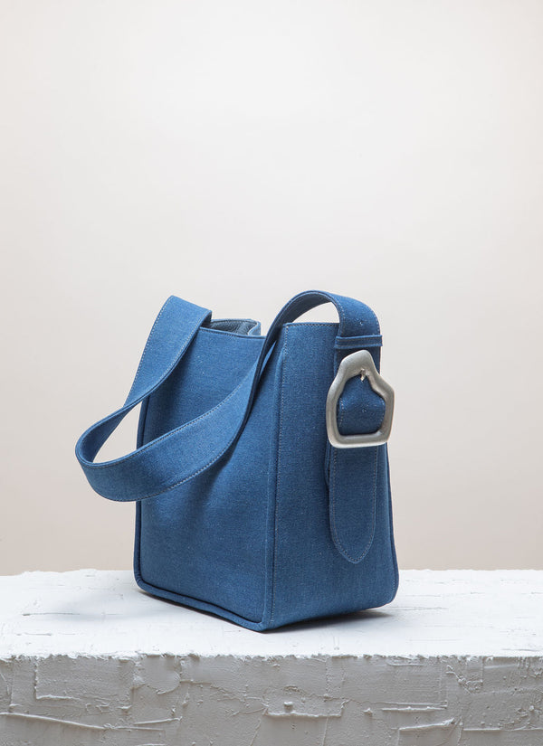 Cala Jade Masago Tote bag in denim fabric with brass buckle