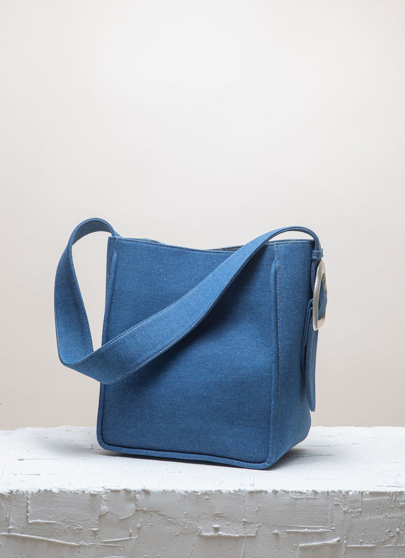 Cala Jade Masago Tote bag in denim fabric with brass buckle